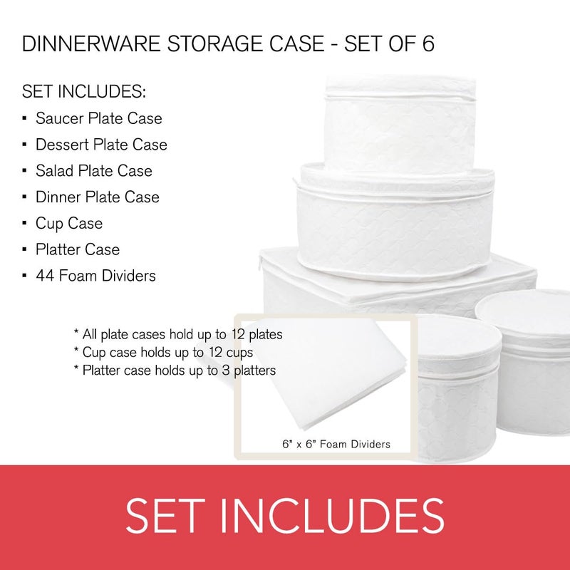LAMINET 6 Piece Quilted Dinnerware Storage Starter Set - Includes 4 Plate Cases, 1 Cup Case & Platter Case - WHITE - Image 3